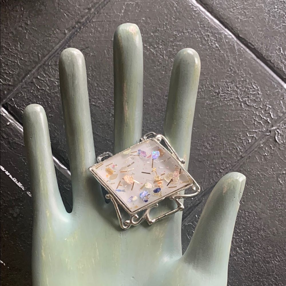 Lovely Vintage PAM Clear Lucite Gold N Pastel Confetti Silver piece, Stamped